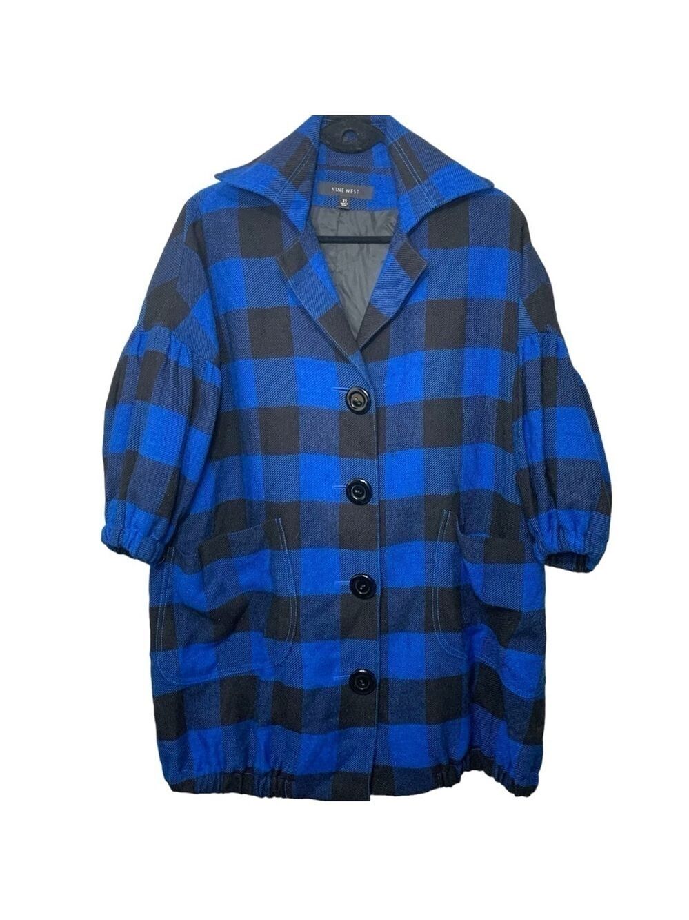 Nine West Plaid Jacket Sz XS Blue Black Wool Blend Oversized Coat Retro 50 Cabin